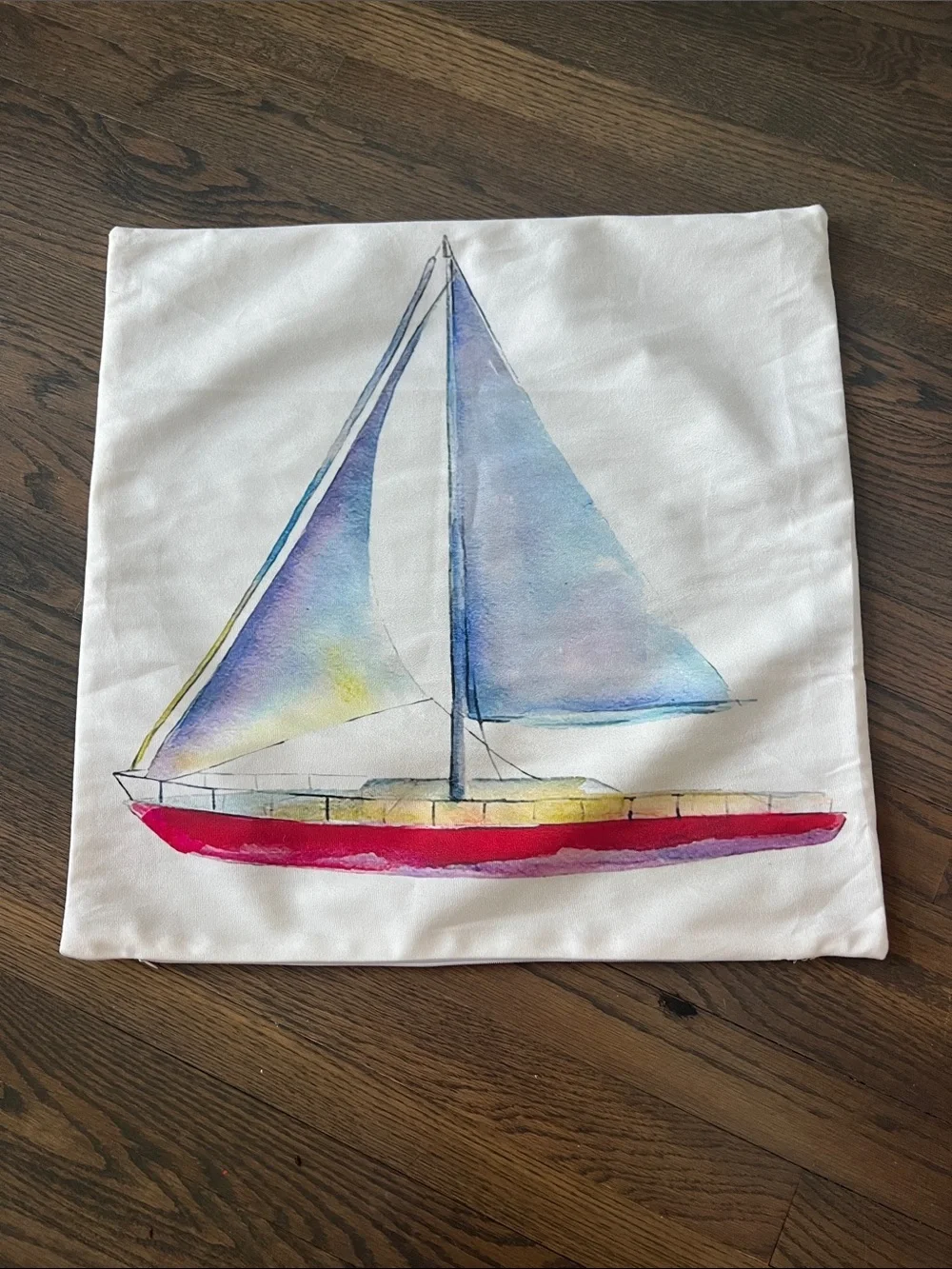Watercolor Sailboat Decorative Pillow Cover in White with Multicolor Boat, 20x20